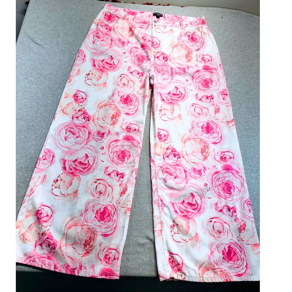 PrettyLittleThing Floral Wide Leg Jeans Womens 16 Pink Rose Print Denim Pants